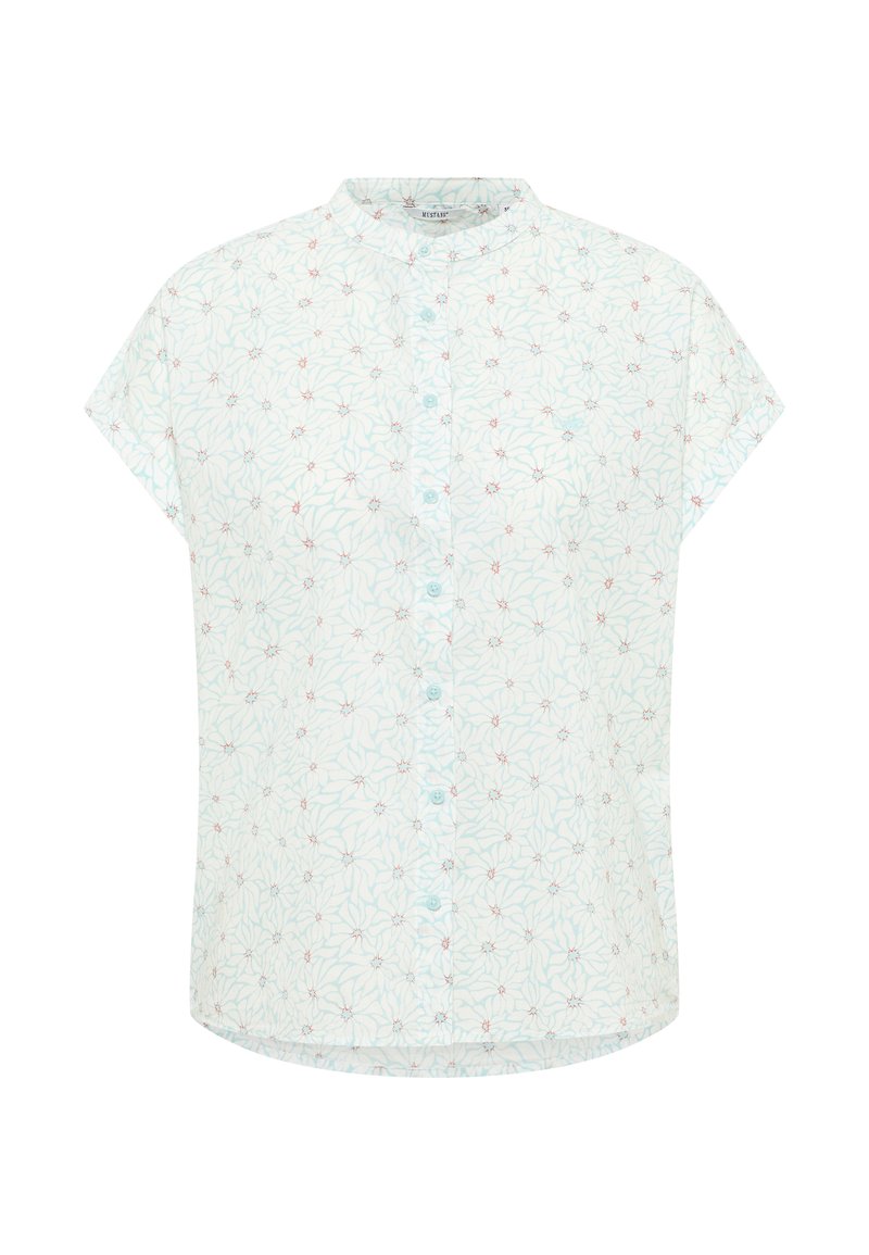 Short-sleeve blouse in light blue fabric with a floral pattern. Features a band collar and front button closure.