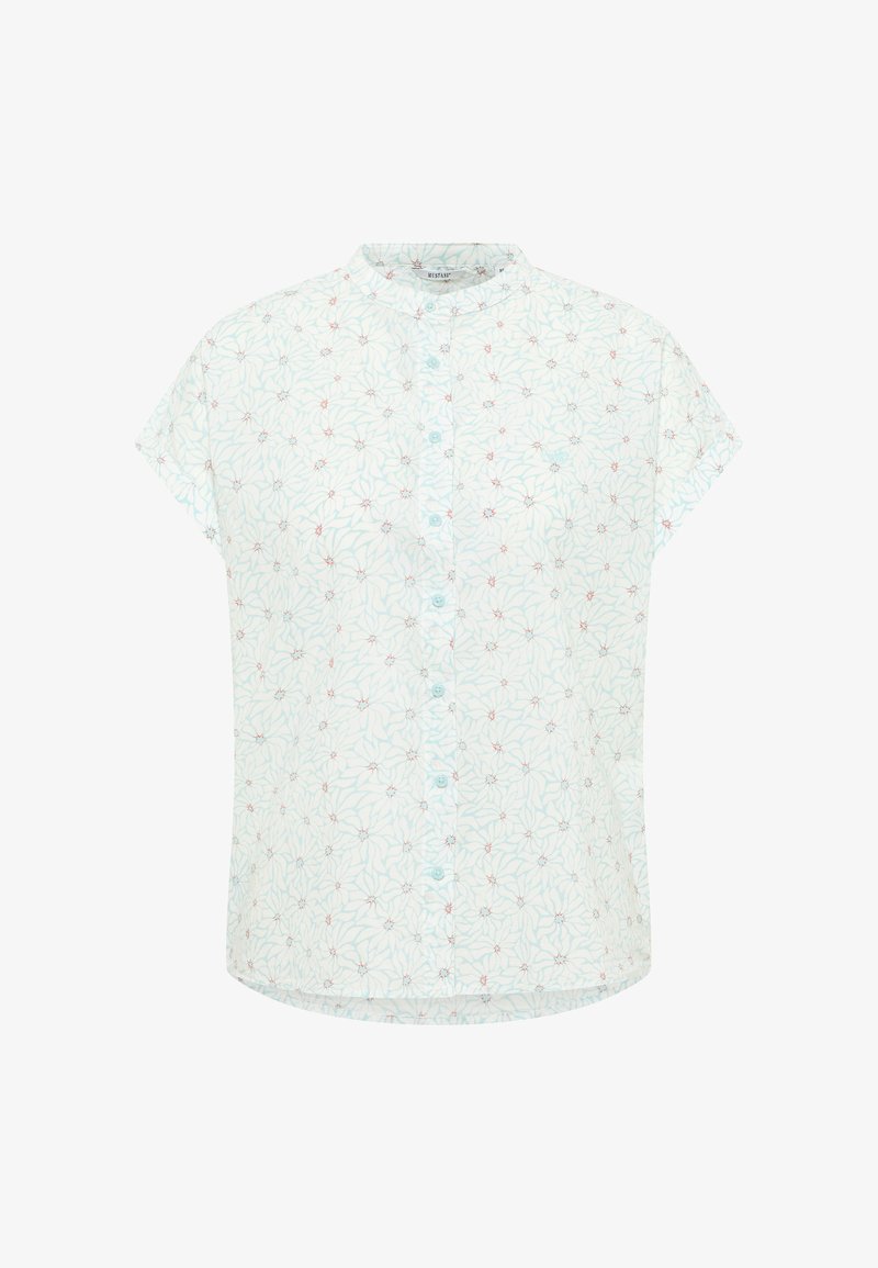 Short-sleeve blouse in light blue fabric with a floral pattern. Features a band collar and front button closure.