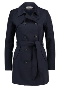 Námořnický modrý trenčkot z lehké látky, má dvojité knoflíky, pásek v pase a boční kapsy. Klasický design límce.