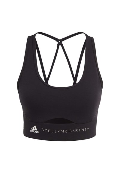 Black sports bra with thin crisscross straps, curved neckline, Adidas and Stella McCartney logos on front band.