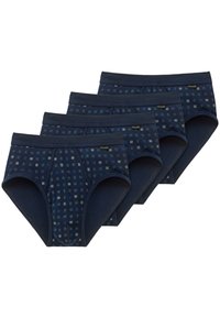Slip in cotone blu navy con un motivo a scacchi in varie tonalità di blu e grigio. Presenta una vita spessa e una tasca sagomata.