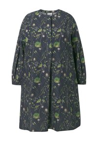 Dunkelblumenkleid mit rundem Ausschnitt, langen Puffärmeln und lockerer Passform, mit grünen und weißen Blumenakzenten auf einem marineblauen Hintergrund.