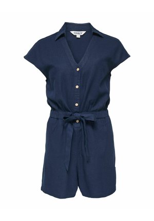 Combinaison courte bleu marine à manches courtes avec col, boutons sur le devant, taille élastique, ceinture en tissu nouée, et bas short.