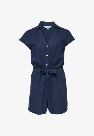 Tumši zila īsrokas romperis ar apkakli, pogām priekšpusē, elastīgu vidukli, sasienamu auduma jostu un šorti apakšdaļu.