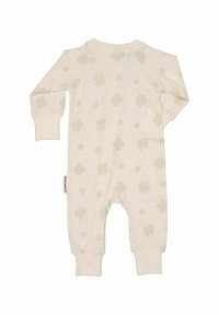 Ljust beige babydräkt med blommönster i en något mörkare nyans, lång ärm, muddade anklar och en etikett på sidan.