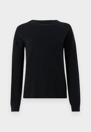 Schwarzer Strickpullover mit langen Ärmeln, Rundhalsausschnitt und gerippten Bündchen, der eine glatte Textur und ein einfaches, minimalistisches Design aufweist.