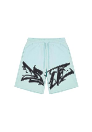 Pantaloncini casual azzurri con vita elasticizzata e grafiche stile graffiti nere sulle gambe anteriori.