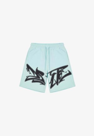 Lichtblauwe casual korte broek met elastische tailleband en zwarte graffiti-achtige grafische ontwerpen op de voorkant van de benen.