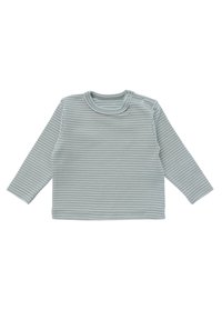 Gestreiftes Langarmshirt in Hellblau und Weiß, aus weichem Stoff, mit rundem Halsausschnitt und Schulterdruckknöpfen für ein einfaches Anziehen.