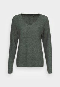 Pull en maille vert avec un col en V, manches longues et coupe décontractée. Texture tricotée avec des variations subtiles de couleur et de motif.