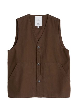 Brun, ærmeløs herreveste med v-hals, frontknapper og to store påsætte lommer. Lavet af et tekstureret stof.