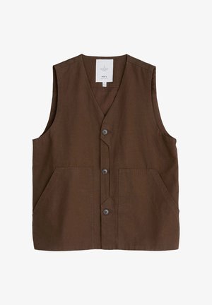Brun, ærmeløs herreveste med v-hals, frontknapper og to store påsætte lommer. Lavet af et tekstureret stof.