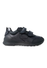 Sneakers sintetici neri con tomaia in rete, dotati di due cinturini in Velcro, punta rinforzata e suola in gomma con texture.