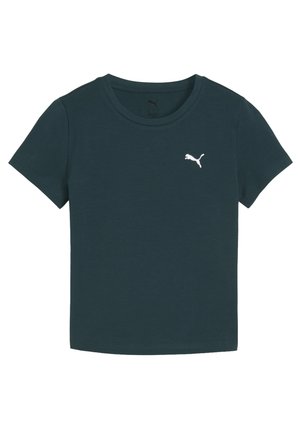 Korte mouwen donkergroene t-shirt van katoen met een ronde hals, met een wit Puma-logo op de borst. Gladde textuur, minimalistisch ontwerp.