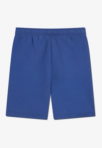 Sinised puuvillased lühikesed püksid elastse vöökohaga, millel on sile tekstuur ja lihtne disain, ilma taskute või täiendavate detailideta.