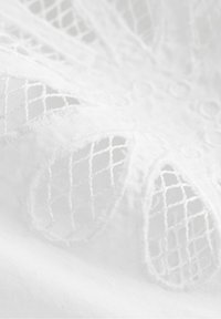 Tissu blanc avec une dentelle raffinée présentant des motifs ovales ouverts et un fin filet, soulignant un artisanat textile délicat.