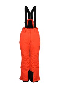 Pantalons de neige orange vif avec des bretelles noires. Fonctions incluent une poche zippée, une coupe ample et des bas renforcés pour plus de durabilité.