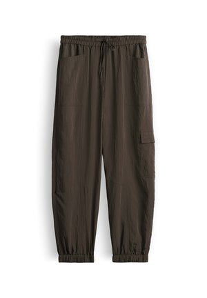 Dunkel olivgrüne Cargohose mit elastischem Bund, Kordelzug, seitlichen Taschen und elastischen Bündchen.