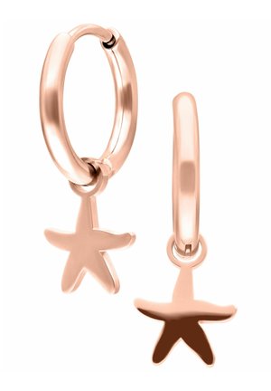 Rose gold hoop earrings with dangling starfish-shaped charms, polished smooth metal, shown on white background.