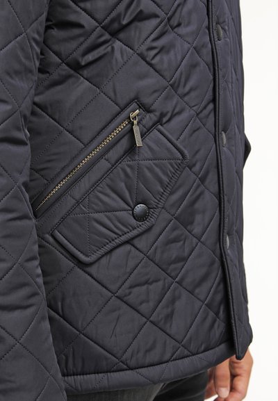 Veste matelassée bleu marine avec une poche zippée diagonale, dotée de détails en bouton-pression et d'une texture lisse. Design isolé et léger.