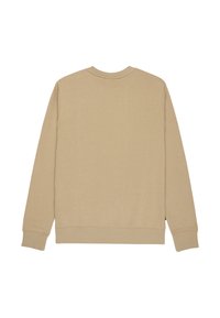 Beige long-sleeve crew neck sweatshirt with ribbed cuffs and hem, shown from the back on a white background.