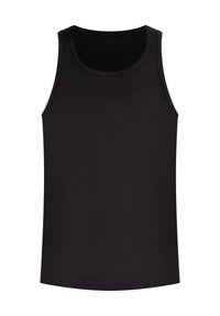 Schwarzes Tanktop aus glattem Stoff, mit rundem Halsausschnitt und ohne Ärmel, gerade geschnittenem Saum und figurbetonter Silhouette.