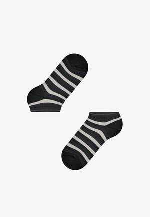 Gestreifte schwarze und graue Knöchelsocken aus weichem Stoff, mit einer glatten Textur und einem elastischen Bund für einen sicheren Sitz.