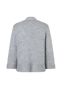 Grauer gestrickter Cardigan mit einem breiten Kragen, langen Ärmeln und strukturiertem Stoff. Der Saum ist gerippt und bietet eine lockere, entspannte Passform.