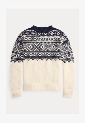 Knit sweater featuring a cream body with navy blue geometric patterns across the shoulders and sleeves; ribbed collar, cuffs, and hem.