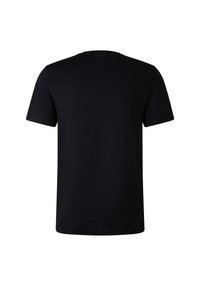 Černé bavlněné tričko s krátkým rukávem, kulatým výstřihem a jednoduchým designem. Hladká textura a jednotná tloušťka látky po celém povrchu.