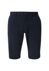 Shorts décontractés pour hommes bleu marine foncé longueur genou avec passants de ceinture et fermeture à bouton sur fond blanc uni.