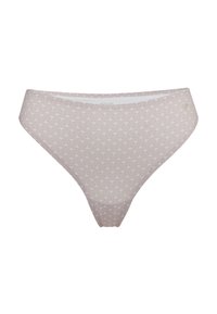 Light beige thong with a repeating pattern of small, subtle triangles. Made from soft fabric with a smooth texture. Mid-rise design.