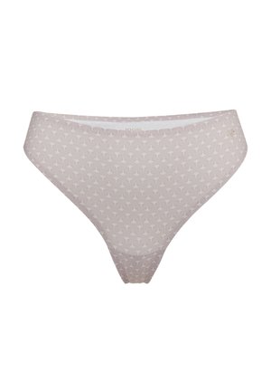 Light beige thong with a repeating pattern of small, subtle triangles. Made from soft fabric with a smooth texture. Mid-rise design.