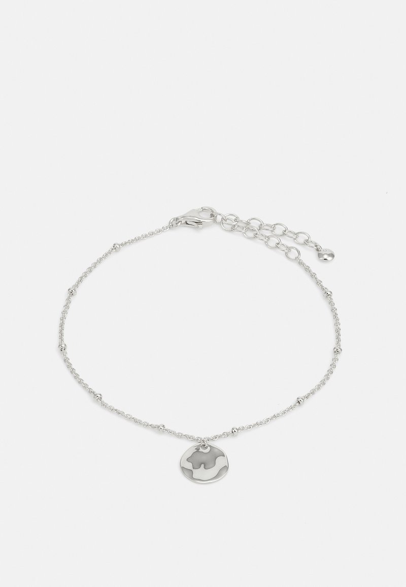 Ασημένια βραχιόλι αλυσίδας με στρογγυλό κρεμαστό κόσμημα που διαθέτει σχέδιο στυλιζαρισμένου κόσμου. Η αλυσίδα έχει μικρές χάντρες και κούμπωμα με λαβίδες με ρυθμιζόμενο λινάκι.