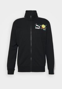 Veste noire zippée avec des rayures blanches sur les côtés, logo Puma et graphique SpongeBob sur la poitrine gauche.