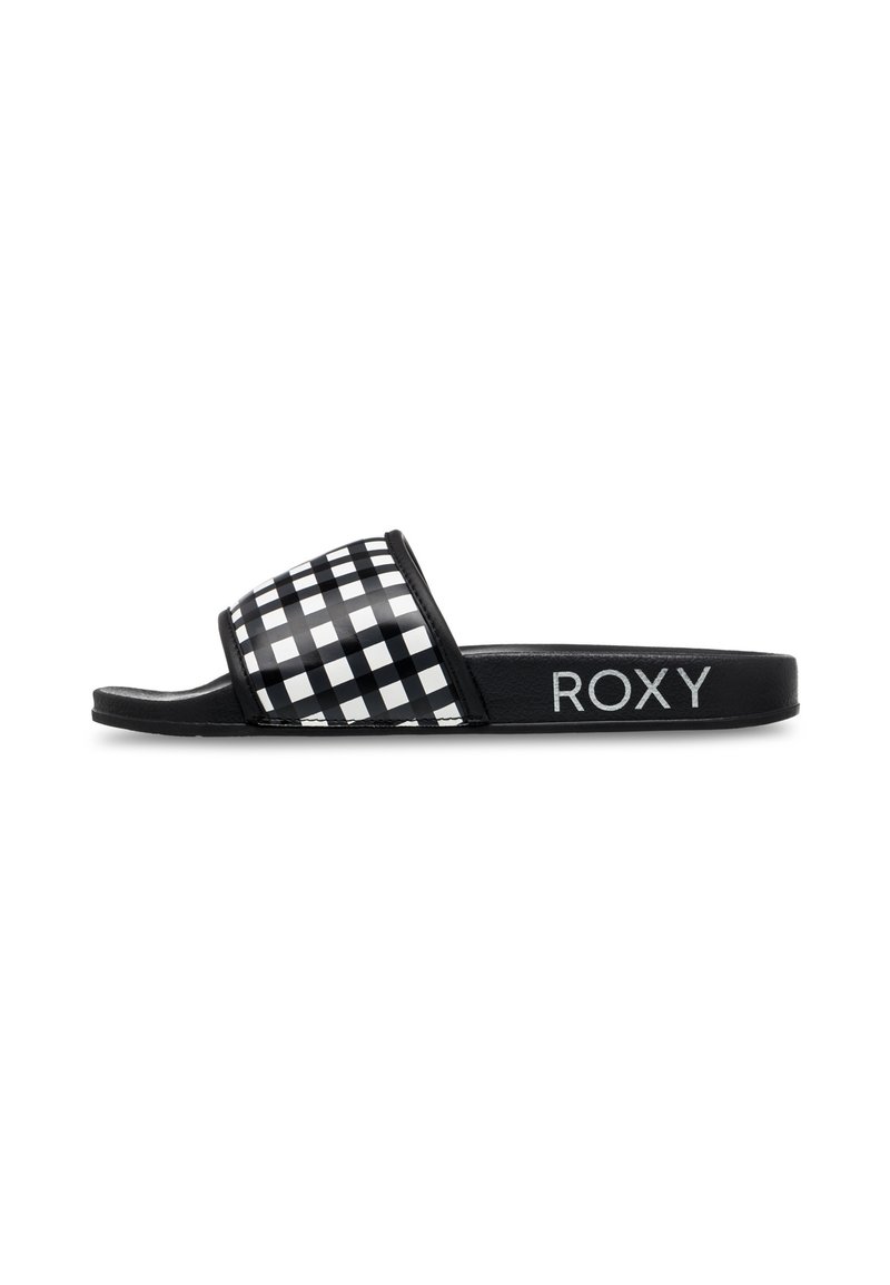 Svart og hvit rutete sandaler med glanset overflate, flat såle, og "ROXY"-logo på siden. Myk tekstur med et avslappet design.