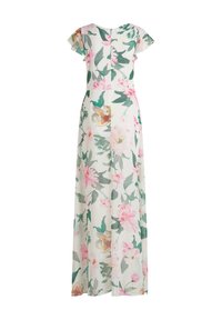 Kwiatowa długa sukienka uszyta z lekkiego materiału, z różowo-zielonymi wzorami roślinnymi, krótkimi rękawami i zwiewnym fasonem. Zamek błyskawiczny z tyłu.