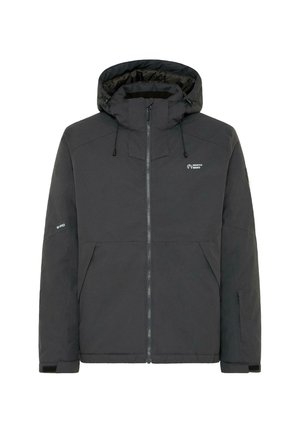 Schwarze isolierte Jacke mit Kapuze, Reißverschluss und verstellbaren Kordeln. Sie verfügt über Seitentaschen und eine glatte, matte Textur.