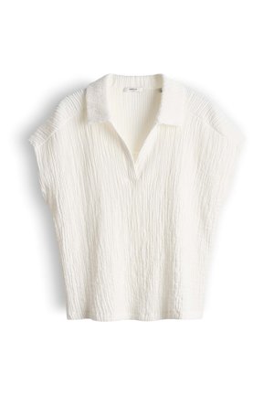 Weißes, strukturiertes Kurzarmhemd mit Kragen und V-Ausschnitt, aus leichtem, gekrepptem Stoff.