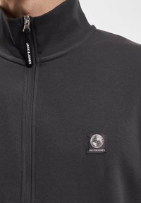 Giacca grigia con zip realizzata in tessuto morbido, dotata di un colletto alto, una patch con logo sul petto e un cursore della zip in contrasto.