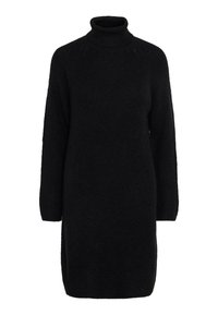 Robe-pull noire à manches longues en maille avec un col roulé haut et une coupe droite et décontractée.