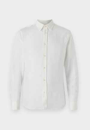 Chemise blanche à manches longues en lin. Dotée d'un col classique, d'une fermeture à boutons à l'avant et de manches à poignets. Texture lisse et légère.