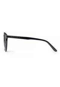 Ochelari de soare negri cu un cadru dreptunghiular elegant, finisaj lucios și branding auriu "CARLHEIM" pe tâmplă. Design clasic, minimalist.