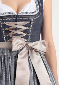 Vêtement traditionnel présentant un corps sombre en bleu avec un devant lacé et des accessoires en argent, associé à une jupe grise et un large nœud en satin.