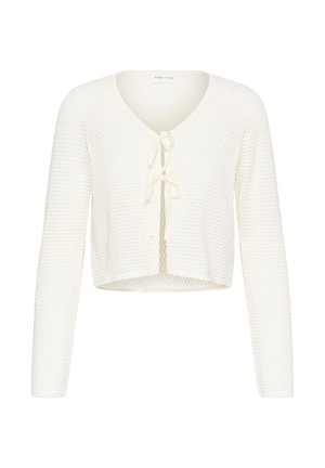 White knitted long-sleeve cropped cardigan with a V-neck and front tie closure.