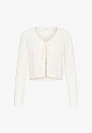 White knitted long-sleeve cropped cardigan with a V-neck and front tie closure.