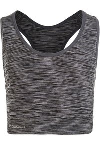 Urheiluliivit musta-harmaassa marlekuvioinnissa, joissa on racerback-muotoilu ja sileä pinta. Logo näkyvissä alahelman kohdalla.