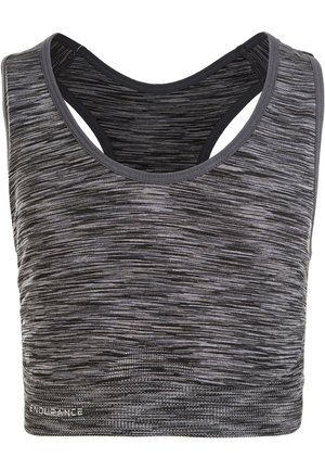 Sportbeha in een zwart en grijs gemarmerd patroon, met een racerback ontwerp en een gladde textuur. Logo weergegeven op de onderzoom.