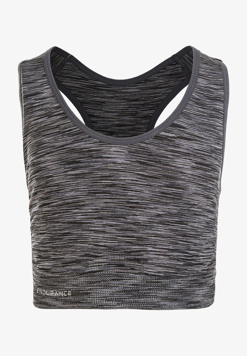 Urheiluliivit musta-harmaassa marlekuvioinnissa, joissa on racerback-muotoilu ja sileä pinta. Logo näkyvissä alahelman kohdalla.