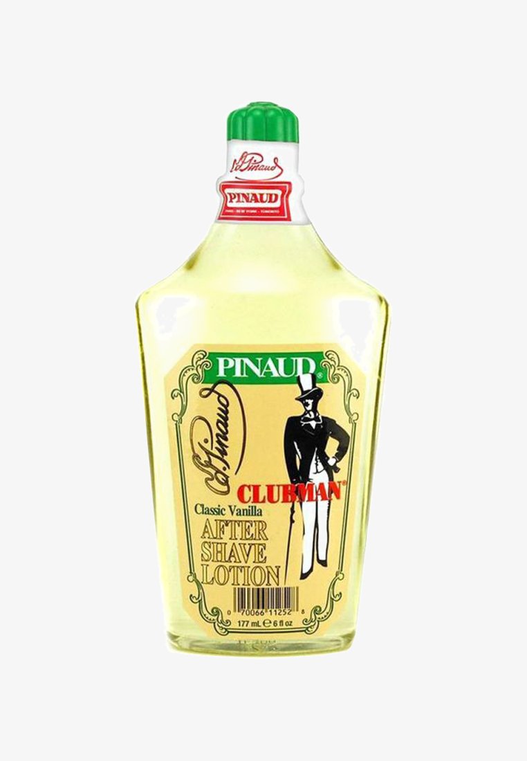 Durchsichtige Flasche mit Pinaud Clubman Classic Vanilla After Shave Lotion, grüner Kappe, gelber Flüssigkeit und einem Etikett im Vintage-Stil in Schwarz und Rot.